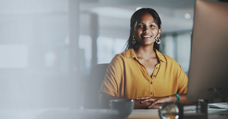 Night, portrait and woman in office mockup for pride, professional and smile for career growth....