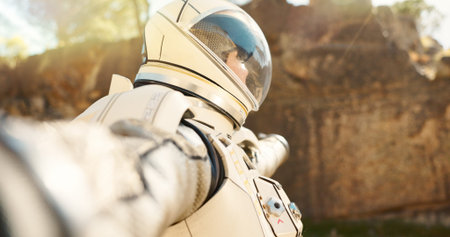 Astronaut, outdoor and tourism of planet, helmet and suit for protection, explore and mission in...