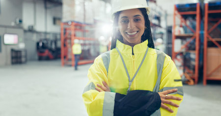 Logistics, woman and confident in storage for portrait, wholesale and distribution. Inspector, arms...