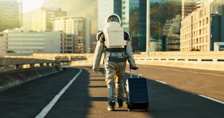 Astronaut, person and suitcase in city for travel survival, planet dystopia and spacesuit of aerospace mission. Back, highway and luggage for emergency safety, sci fi journey and adventure of exploreの写真素材