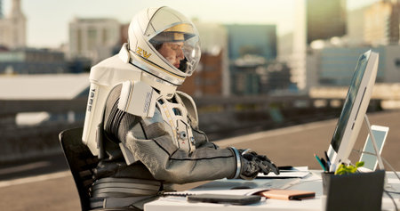 Typing, city and astronaut with computer in road for business project with interstellar report for...