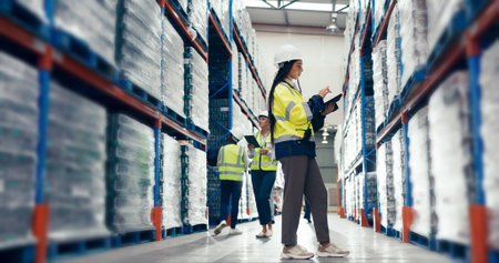 Woman, tablet and checklist at shelf for logistics, inventory management and quality control in...