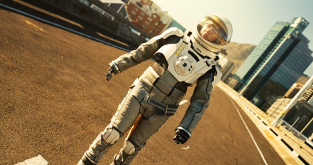 Person, astronaut and outdoor on road in city with scientific research or mission and experiment for...