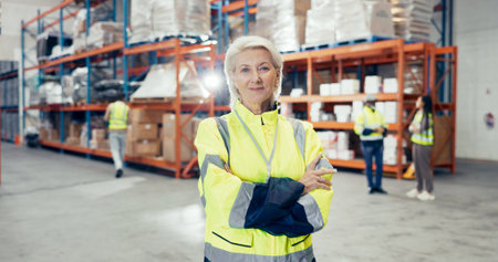 Logistics, woman and portrait in warehouse with confidence, coordination and distribution. Mature manager, arms crossed and pride in storage facility with team, export and shipping in supply chainの写真素材