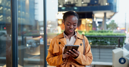 Phone, night and research with black woman in city for communication, connection or technology....