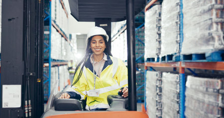 Shipping, forklift and portrait of woman in warehouse for logistics, freight and distribution. Export, delivery and supply chain storage with person for customs compliance in inventory managementの写真素材