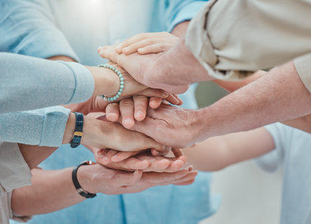 Big family, pile and hands together for teamwork, agreement or collaboration goal in solidarity....