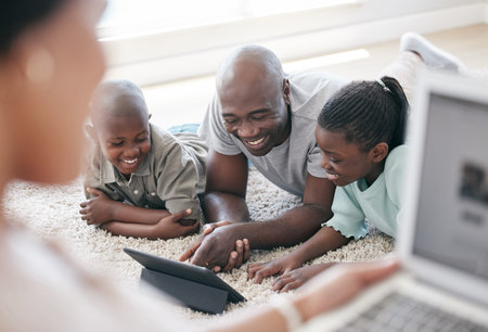 Education, streaming or tablet with black children and father on floor in living room of home for...