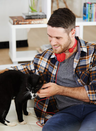 Smile, man and playing with cat on sofa for pet bonding, headphones or love of animal companion in morning. Happy, male person and relax with kitten friend for fun together, support and care at houseの写真素材