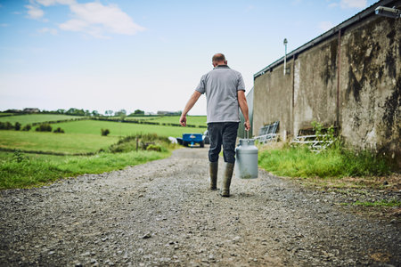 Farming, walking and man with bucket for milk production, livestock produce and dairy industry. Agriculture, countryside and person with storage and tank for cattle, sustainable business or factoryの写真素材