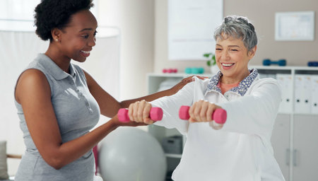 Physiotherapy, weights and chiropractor with senior patient for wellness, strength and mobility....
