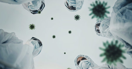 Healthcare, group and teamwork in hospital, bacteria and infection control of mpox, low angle and...