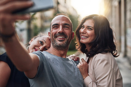 Selfie, people and happy in city for travel, vacation or support on holiday. Mature man, women and...