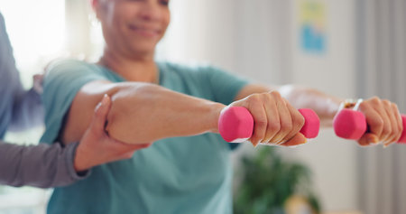 Weights, physiotherapy and woman do exercise for consulting, medical service and wellness....