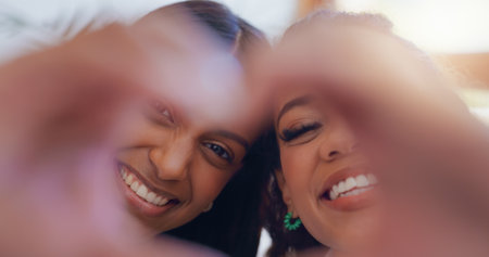 Lesbian, couple and portrait with heart hands for love sign, lgbtq support and relationship commitment. Happy, gay people and pride opinion for marriage, partner loyalty and bonding together at houseの写真素材