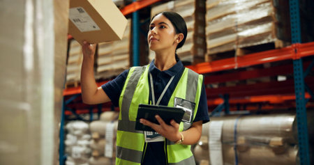Warehouse, woman and tablet for stock management, logistic or quality control in inspection. Female...