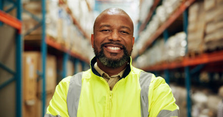 Portrait, happy and black man at warehouse for distribution, logistics industry and package inventory. Worker, confident and cargo inspection for supply chain, freight or transport of production siteの写真素材