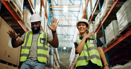 Woman, man and logistics in warehouse with dancing for quality control, stock management or...