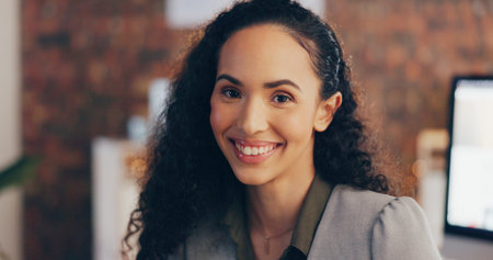 Business woman, happy and portrait in office for professional, confidence and research at night....