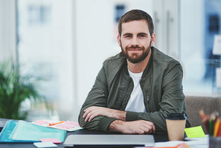 Office, laptop and businessman in portrait for tasks, startup progress or pride with smile for job....