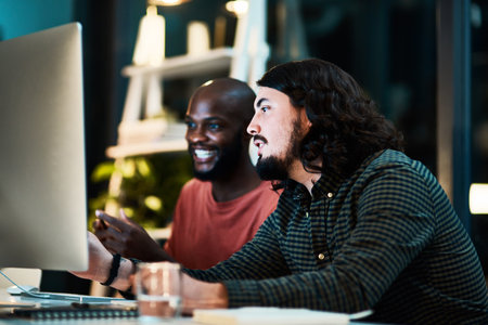 Computer, collaboration and planning with business people for email marketing, target audience research and rpa software. Chief automation officer, night and technology with employees and ai systemの写真素材