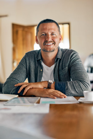 Man, table and portrait with tablet and finance document for banking and investment with smile....