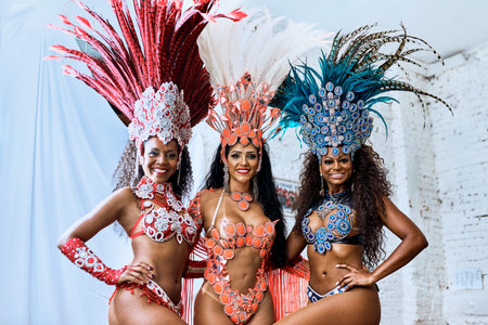 Carnival, costume and friends in portrait for tradition, celebration and expression of Brazilian...