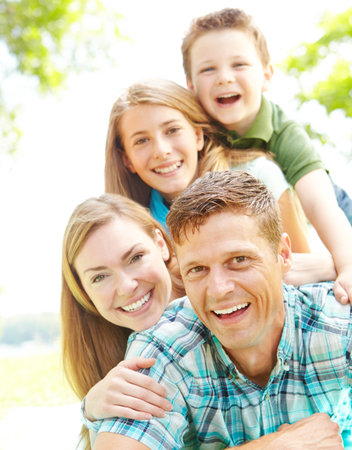 Portrait, happy family pyramid and parents with kids at park for holiday, vacation or people...