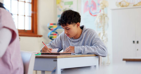 Writing, research and student in classroom for learning chemistry with notes for exam, test or...