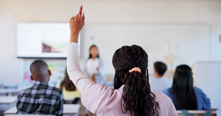Education, study and question with students in classroom for learning, scholarship and anatomy....