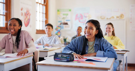 Happy teenagers, students and laughing with humor in classroom for funny joke together at school....