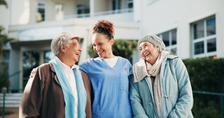 Elderly care, people and happy with nurse for support, hug and trust development at nursing home....
