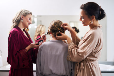 Wedding, getting ready and bride with friends in bedroom for marriage ceremony, social event or love...