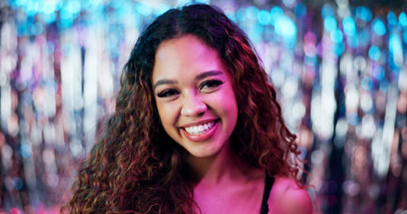 Happy, nightclub and portrait of woman at event with neon lighting for celebration or fun party....