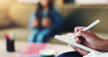 Anxiety, child and therapist with notes for consultation in trauma, stress or support in office....