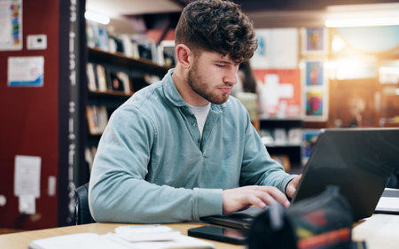 University, laptop and research with man in library for knowledge, education and college thesis....