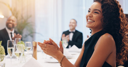 Applause, happy and woman at party with champagne for celebration, social event and gathering....