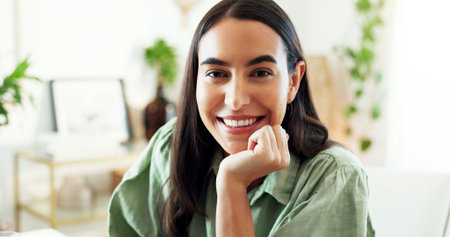Portrait, girl and relax with smile at house for comfortable weekend, calm morning and living room....