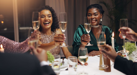 Business people, dinner and toast champagne at night in celebration, goal or diversity for success with smile at party. Team, drinks and alcohol for cheers, congratulations and new year at gala eventの写真素材