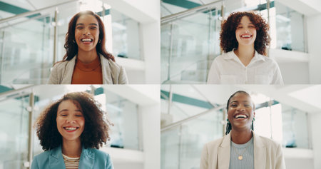 Happy people, collage and portrait with diversity or pride as promotion, job opportunity or about us. Employees, composite and professional as pr agent in business, company or digital agency in USAの写真素材