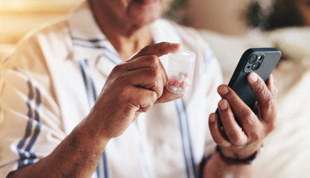 Hands, phone and pills for healthcare, wellness and reminder with pharmacy app problem, sick or...