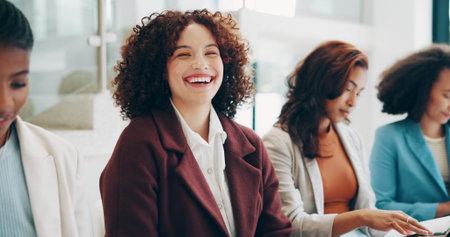 Waiting room, interview and group of women, onboarding and diversity of applicants, job search and hope. Happy, people and recruitment for business, corporate and opportunity of employment and agencyの写真素材