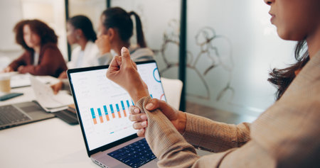 Hands, wrist pain and laptop in office with injury, stress and review with charts, finance or...