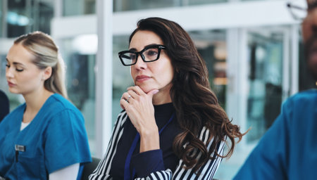 Woman, medical team and thinking for collaboration, advice and support for surgery or patient records. Doctors, brainstorming and professional opinion for idea, results and healthcare as hospital CEOの写真素材