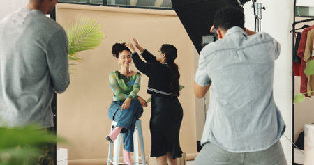 Photography, studio and makeup for woman, photoshoot and preparing for fashion show, creative and...