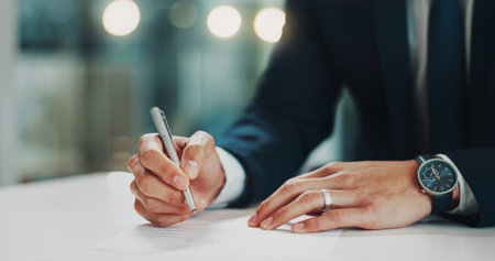 Hands, document and businessman with pen for signature in office for finance agreement, deal or...
