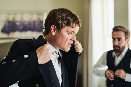 Man, dressing and suit with fashion for wedding, commitment day and ready for Scotland traditional...