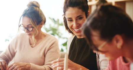 Pottery class, lesson and women with smile for molding sculptor, manufacturing and art product. People, workshop and happy creative artists learning in small business with hobby and craft projectの写真素材