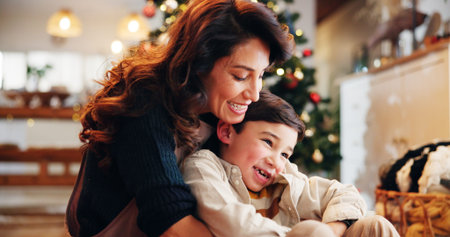 Christmas, house and hug with mother, boy and bonding together with joy, decoration and care in...