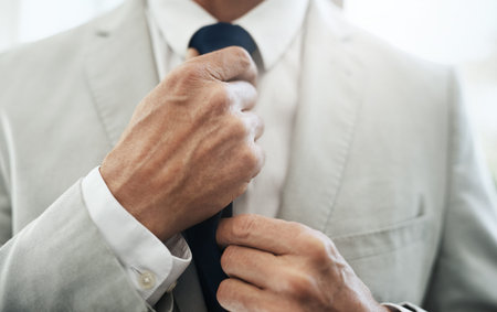 Man, hands and tie in home for business, ready and corporate fashion in morning. Professional, style...